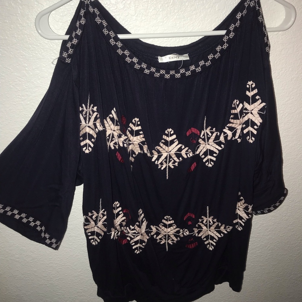 Blue off the shoulder mid length shirt